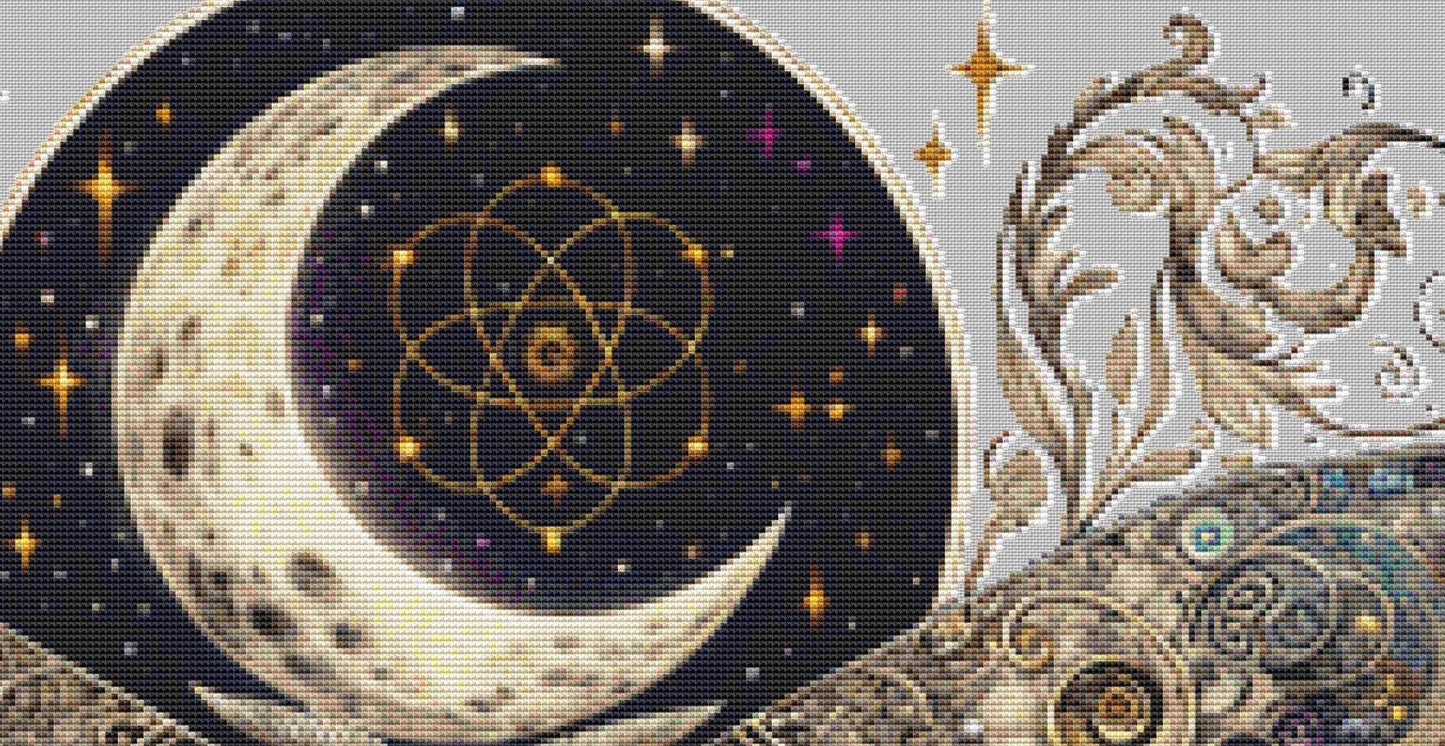 Celestial Lunar Moth counted cross stitch pattern by Pixel Paige Studio