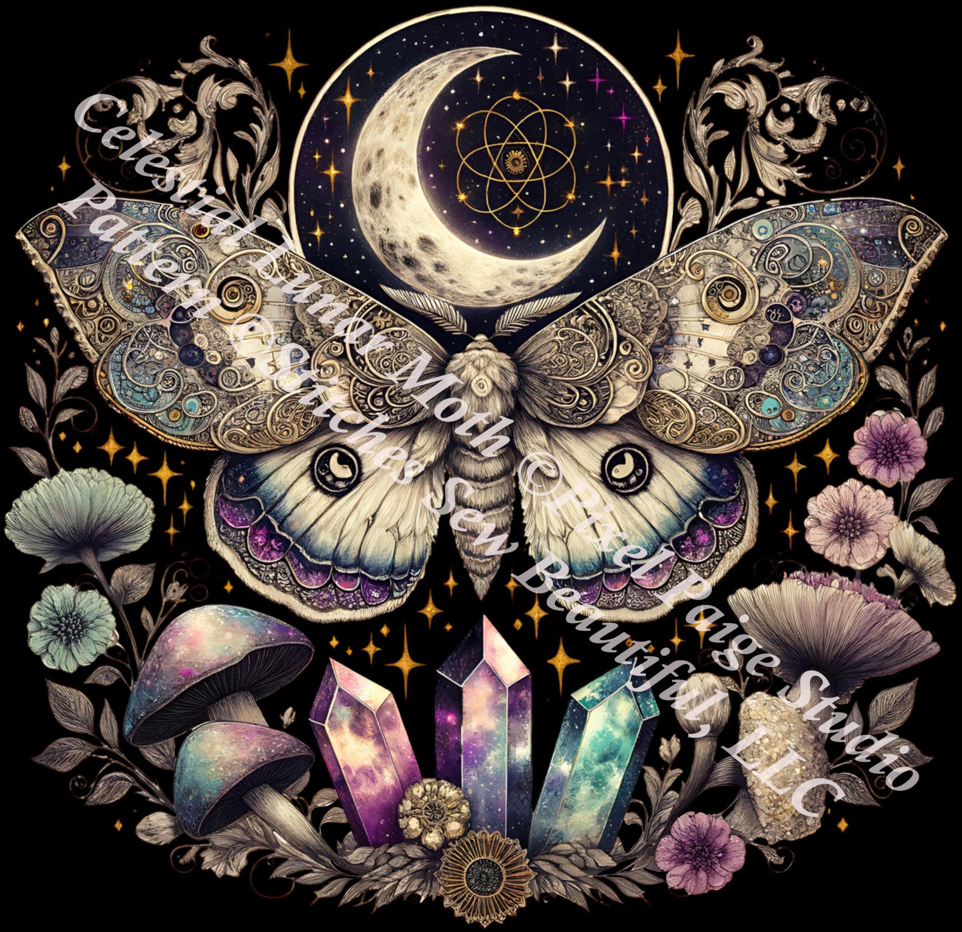 Celestial Lunar Moth counted cross stitch pattern by Pixel Paige Studio