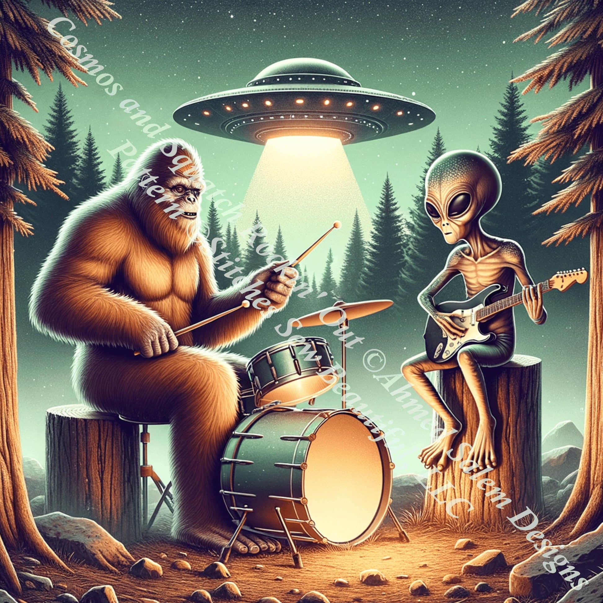 Cosmos and Squatch Rockin Out counted cross stitch pattern by Ahmed Salem Designs