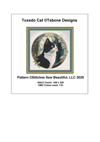 Tuxedo Cat counted cross stitch pattern by Tabone Designs