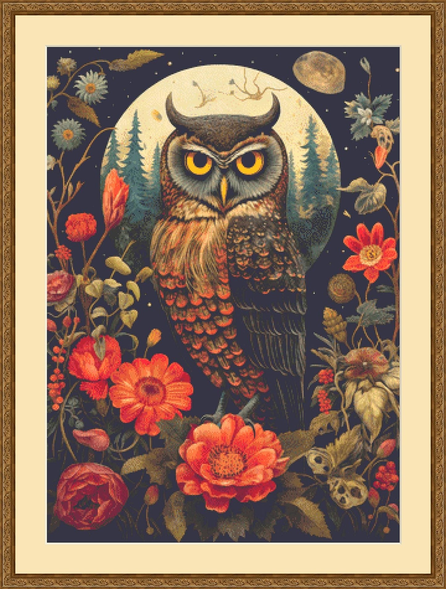 Gothic Botanical Owl counted cross stitch pattern by Dutch Lady Mystic Art
