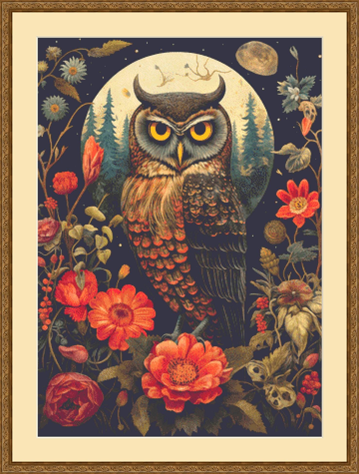 Gothic Botanical Owl counted cross stitch pattern by Dutch Lady Mystic Art