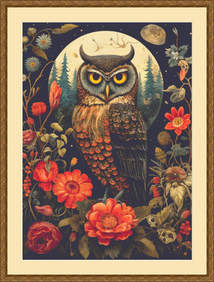 Gothic Botanical Owl counted cross stitch pattern by Dutch Lady Mystic Art