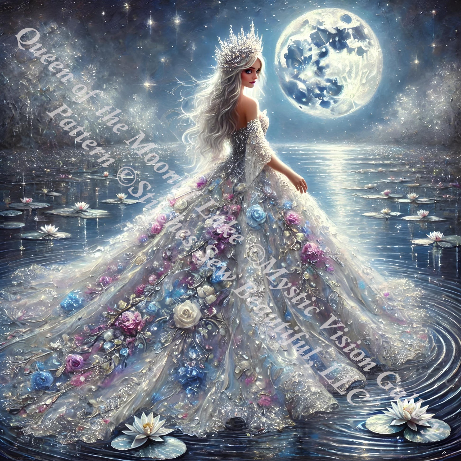 Queen of the Moonlit Lake counted cross stitch pattern by Mystic Vision Gallery