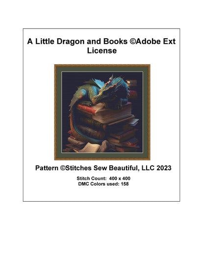 A Little Dragon and Books cross stitch pattern © Adobe Ext. License