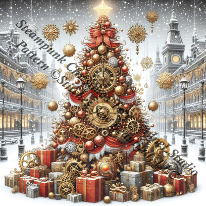 Steampunk Christmas Tree counted cross stitch pattern by AdneLStudio