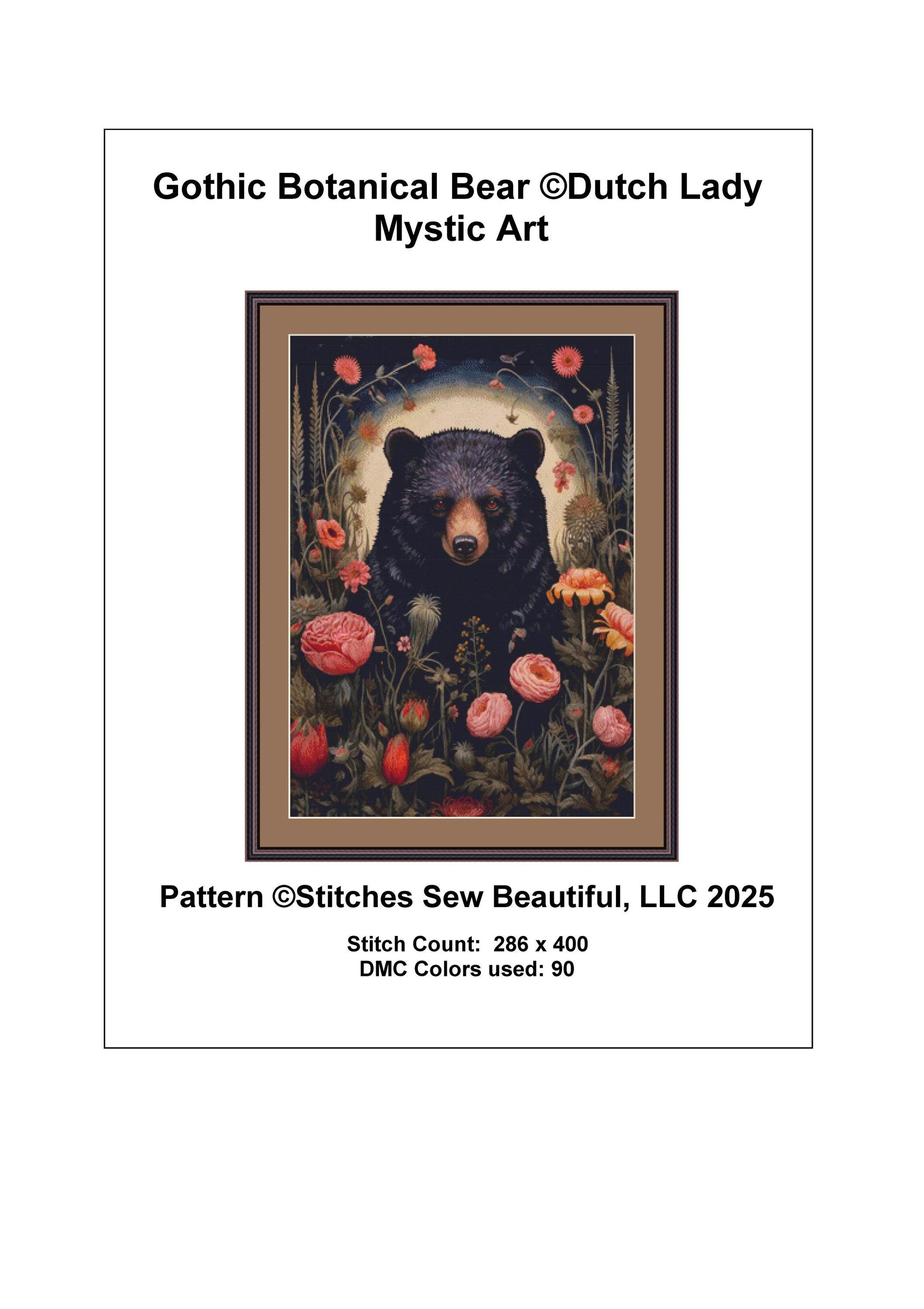 Gothic Botanical Bear counted cross stitch pattern by Dutch Lady Mystic Art