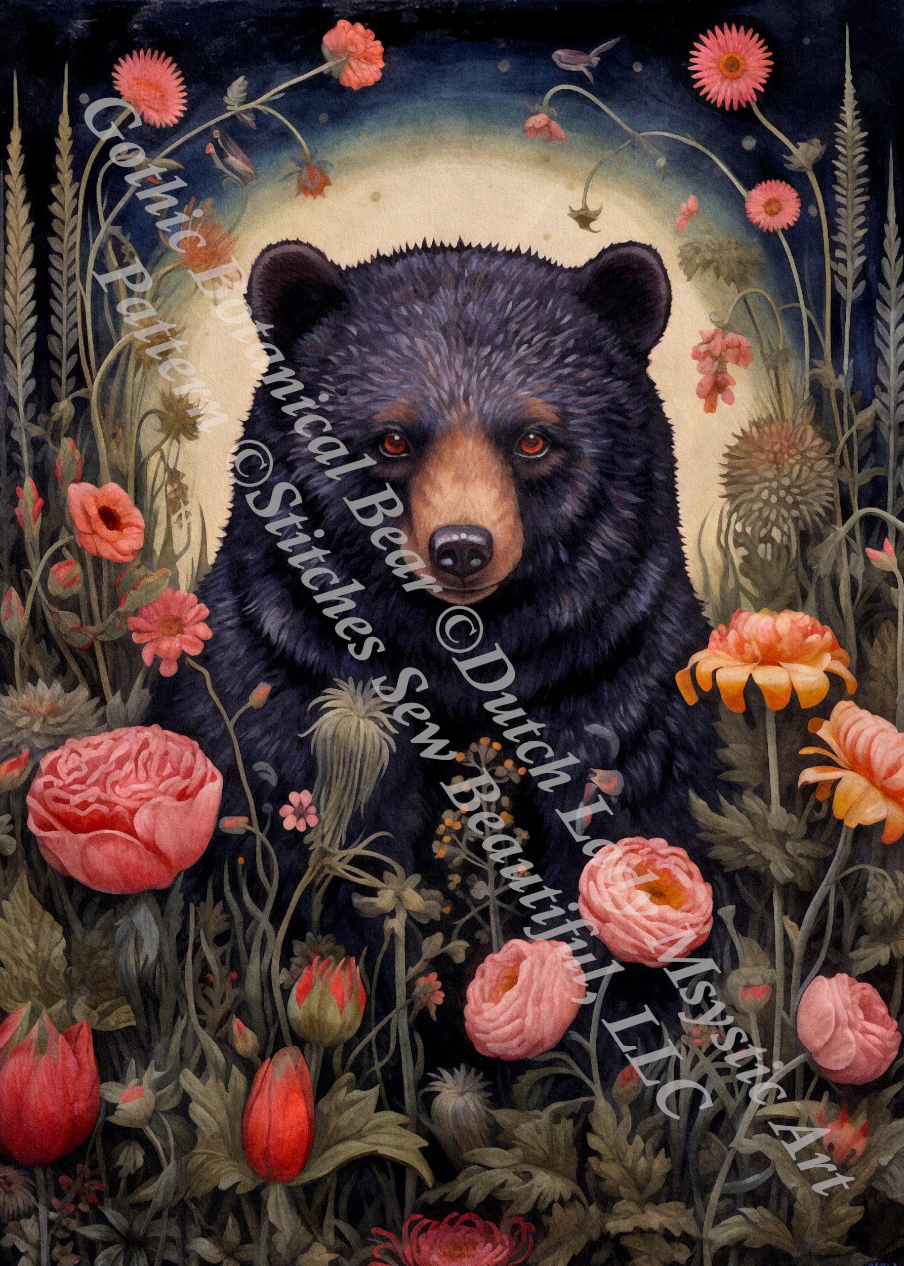Gothic Botanical Bear counted cross stitch pattern by Dutch Lady Mystic Art