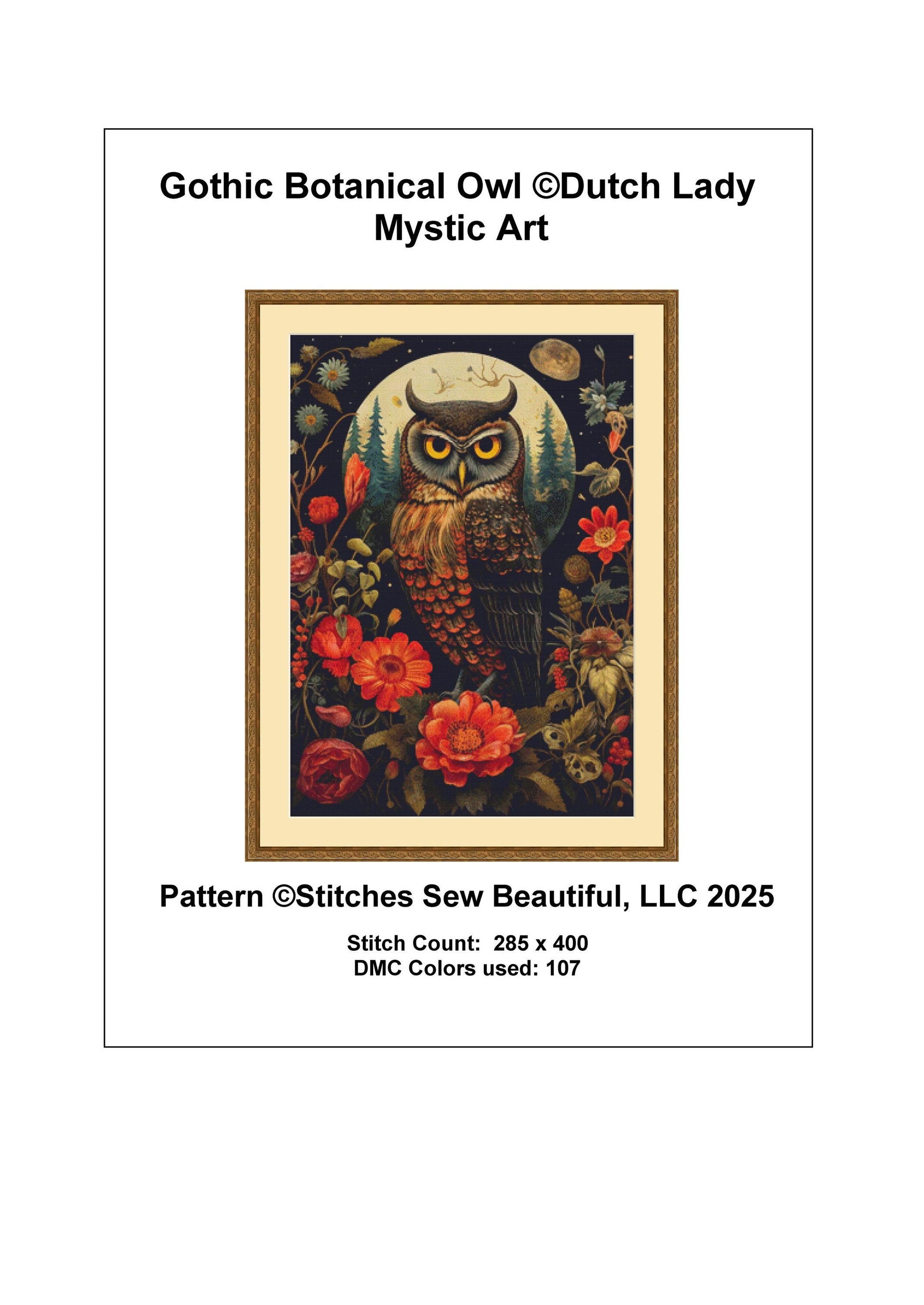 Gothic Botanical Owl counted cross stitch pattern by Dutch Lady Mystic Art