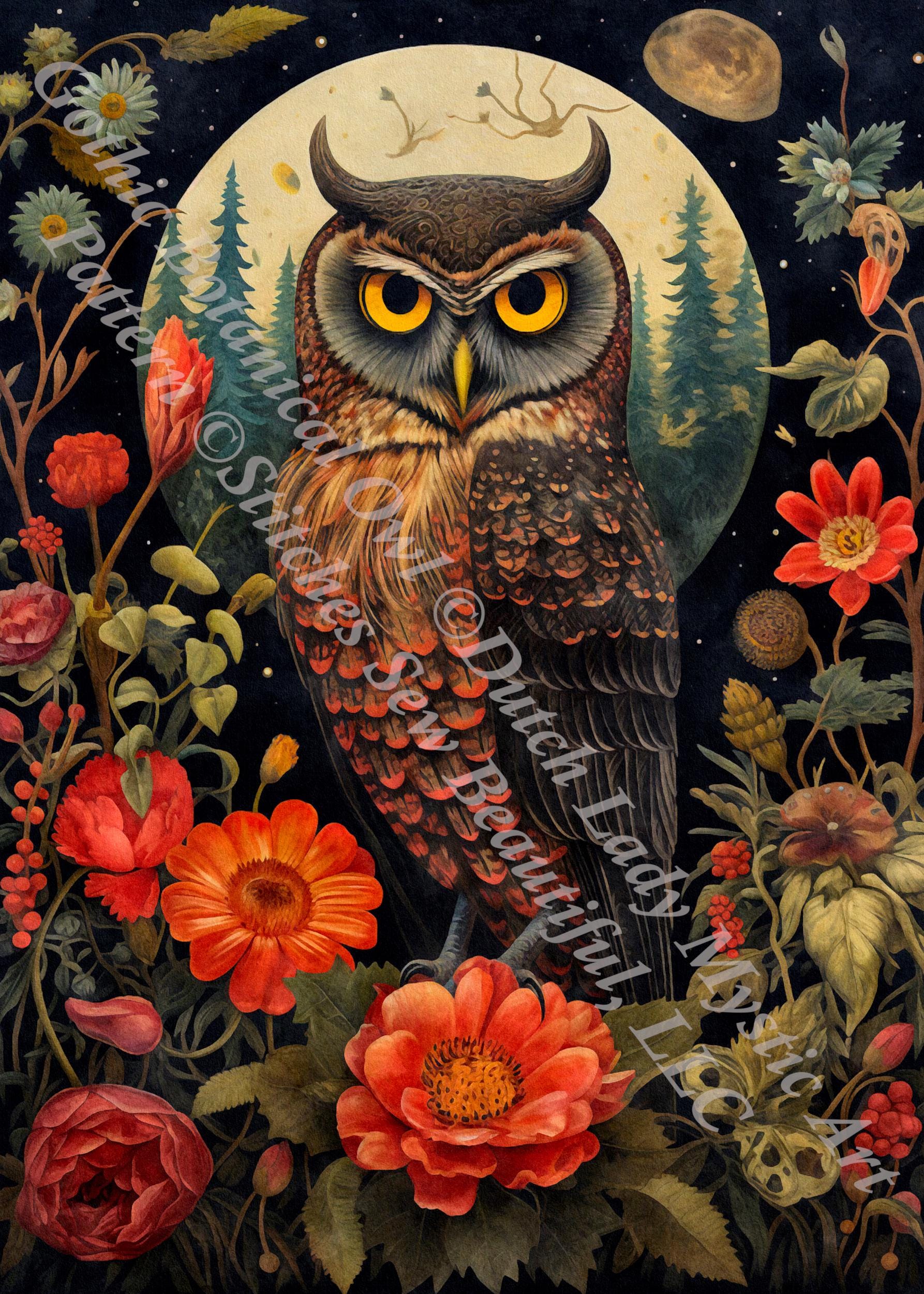 Gothic Botanical Owl counted cross stitch pattern by Dutch Lady Mystic Art