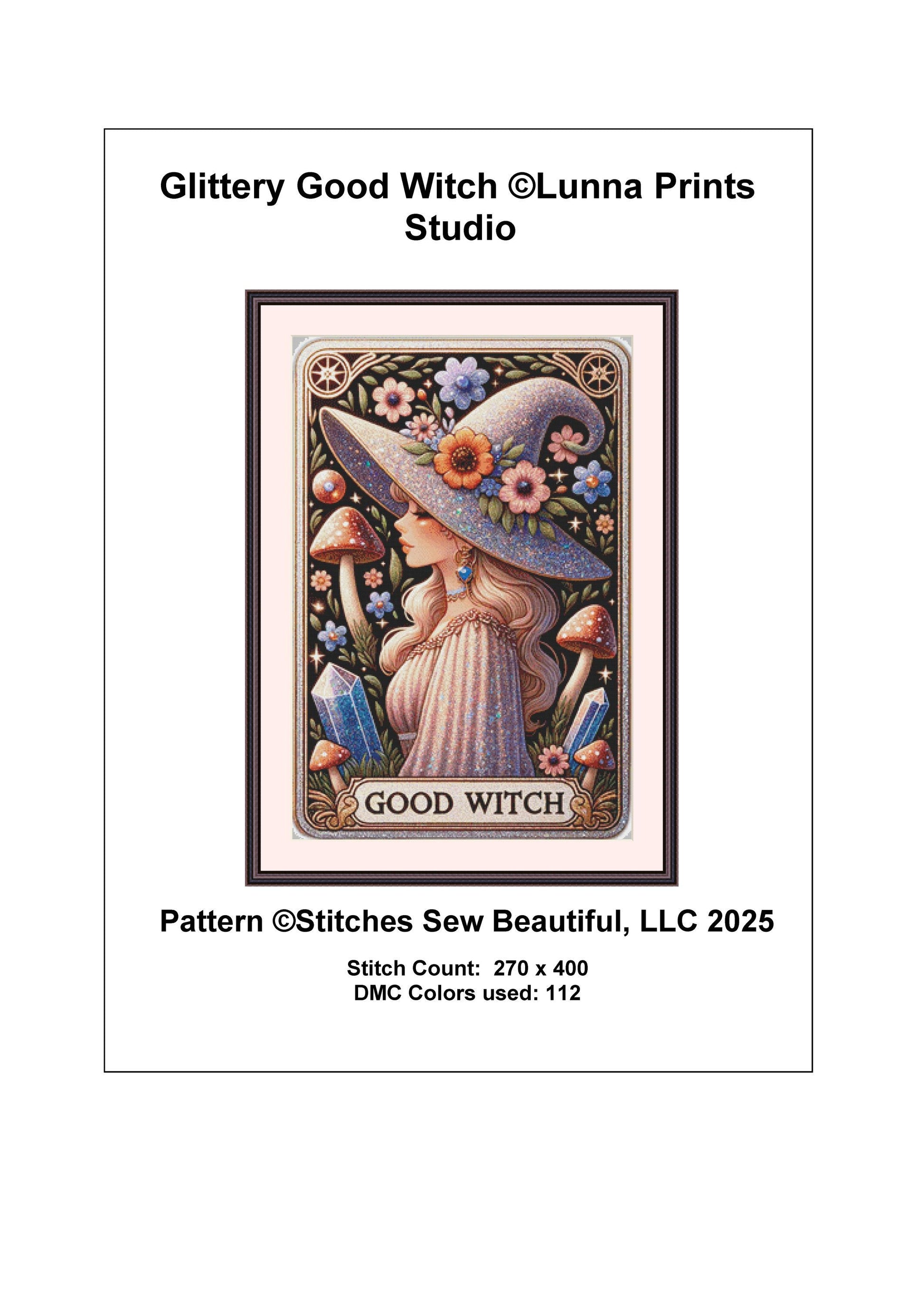 Glittery Good Witch counted cross stitch pattern by Lunna Prints Studio