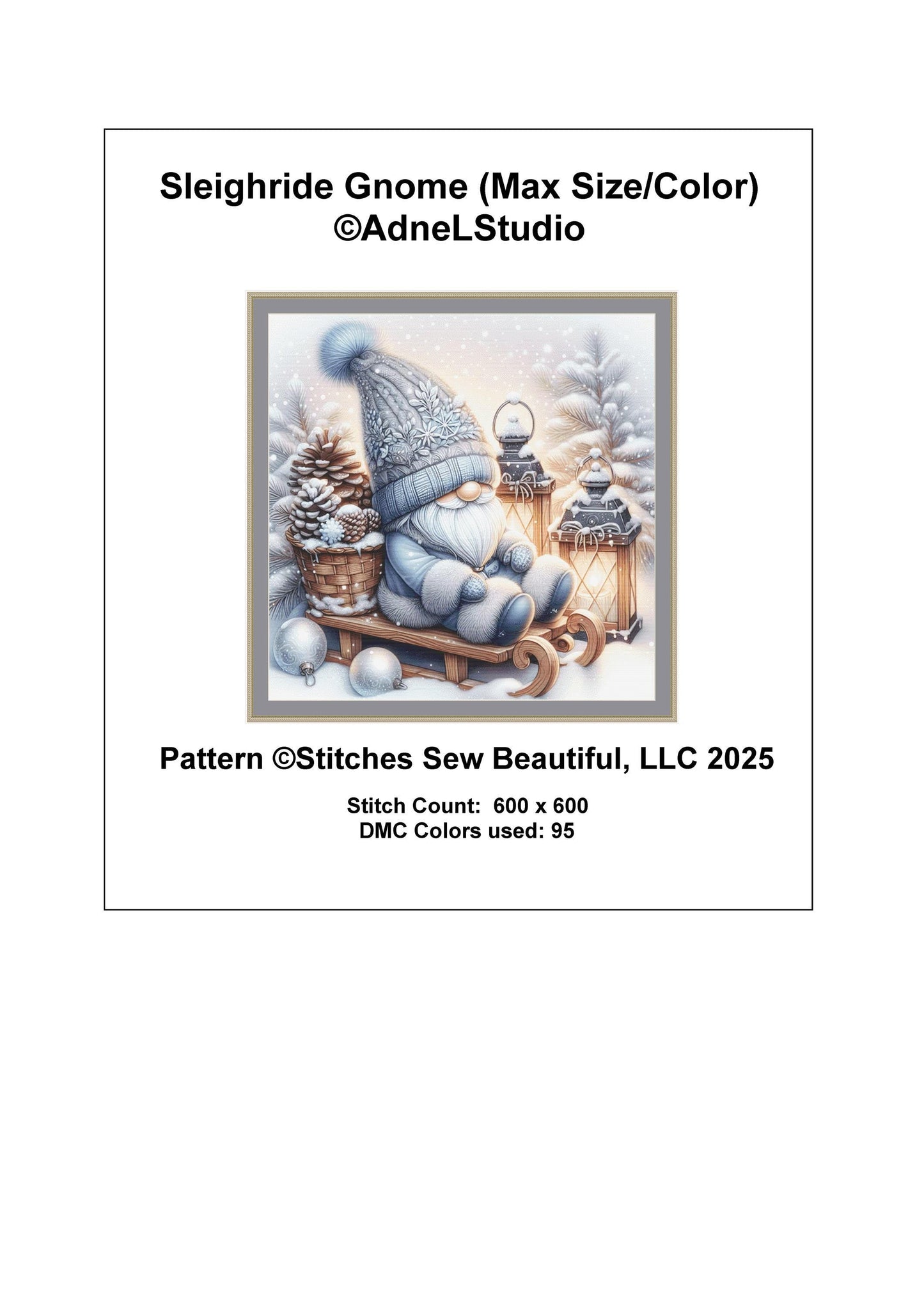 Sleighride Gnome (Max Size/Color) counted cross stitch pattern by AdneLStudio