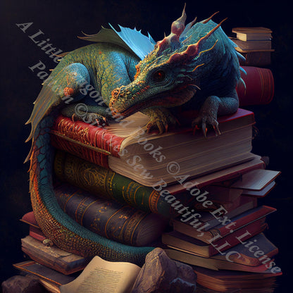 A Little Dragon and Books cross stitch pattern © Adobe Ext. License