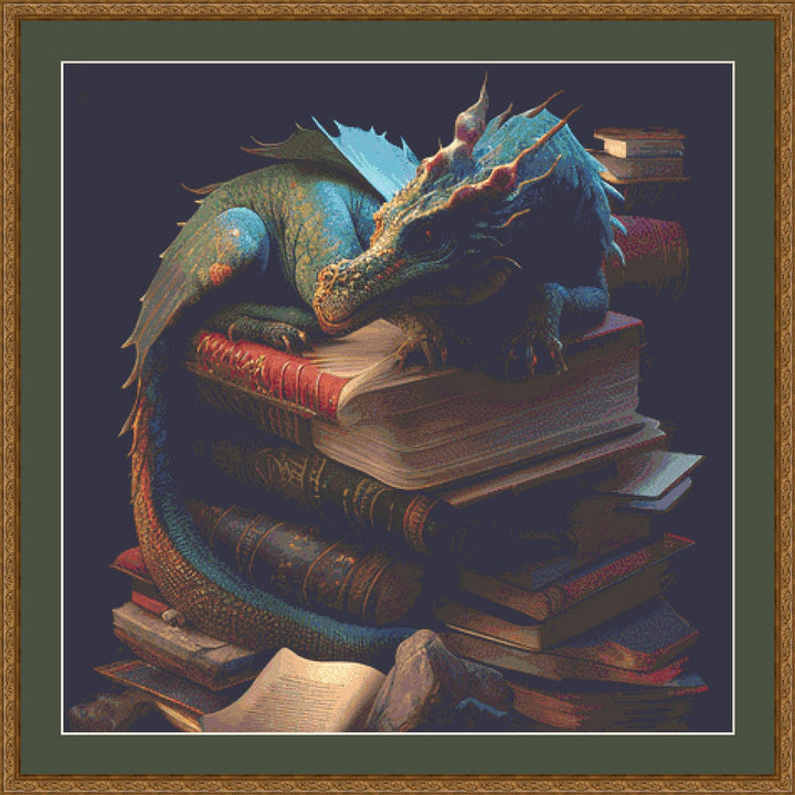 A Little Dragon and Books cross stitch pattern © Adobe Ext. License