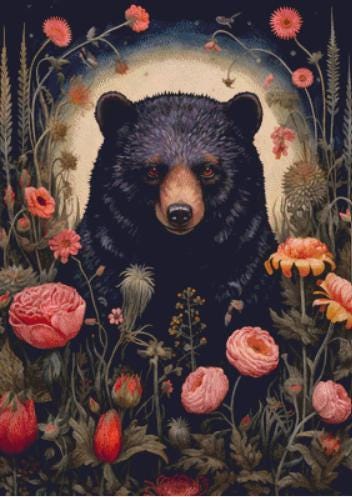 Gothic Botanical Bear counted cross stitch pattern by Dutch Lady Mystic Art