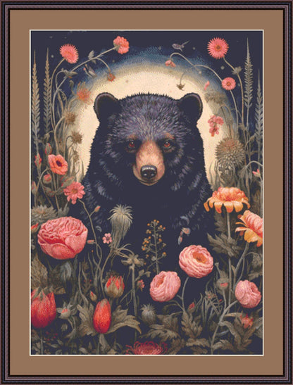 Gothic Botanical Bear counted cross stitch pattern by Dutch Lady Mystic Art