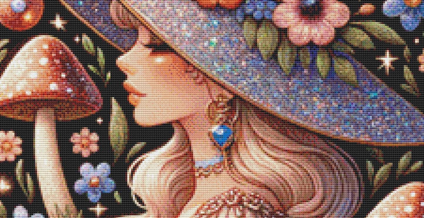 Glittery Good Witch counted cross stitch pattern by Lunna Prints Studio
