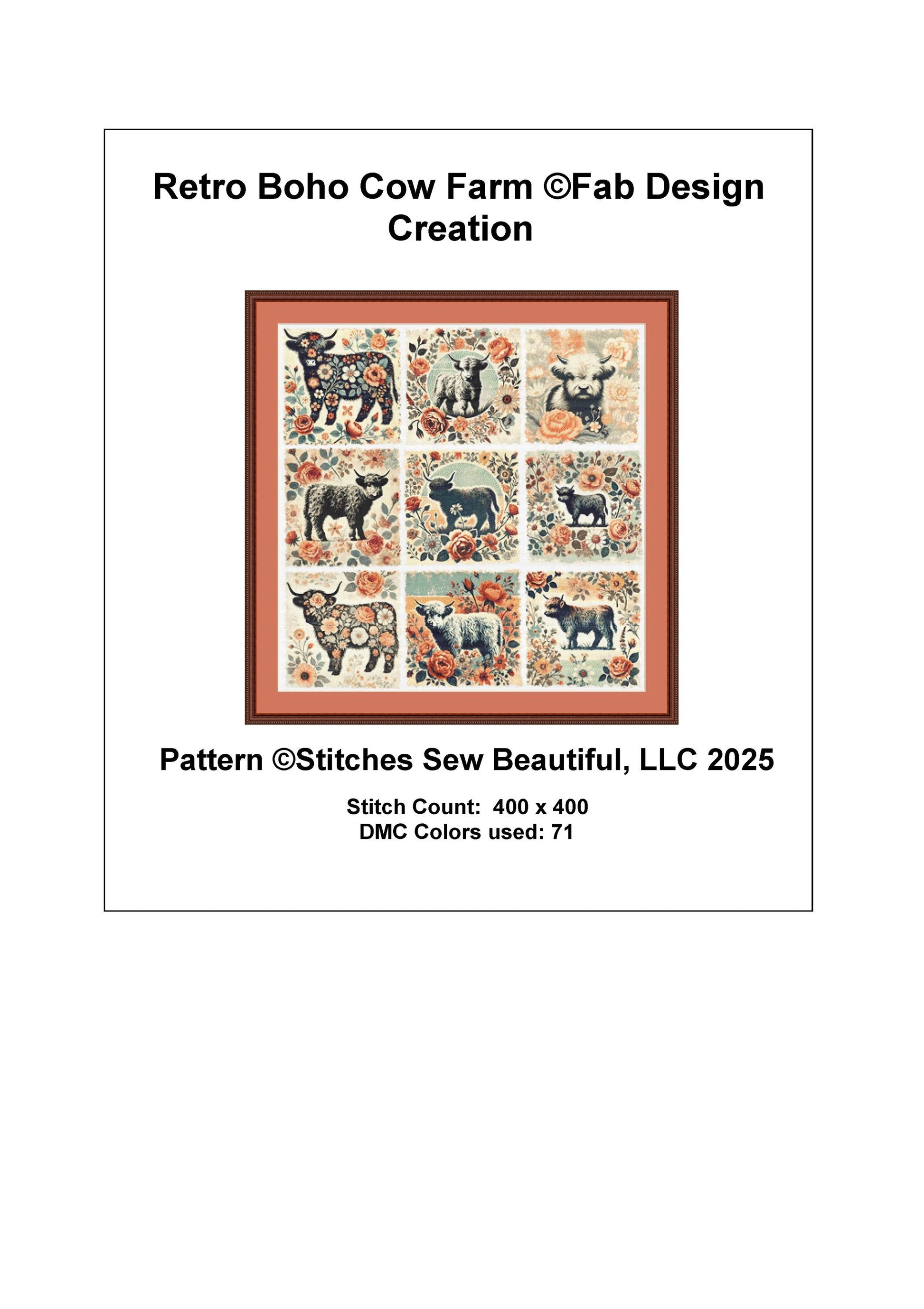 Retro Boho Cow Farm counted cross stitch pattern by Fab Design Creation