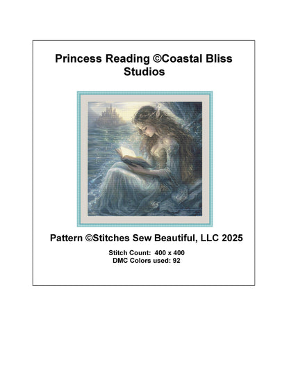 Princess Reading counted cross stitch pattern by Coastal Bliss Studios