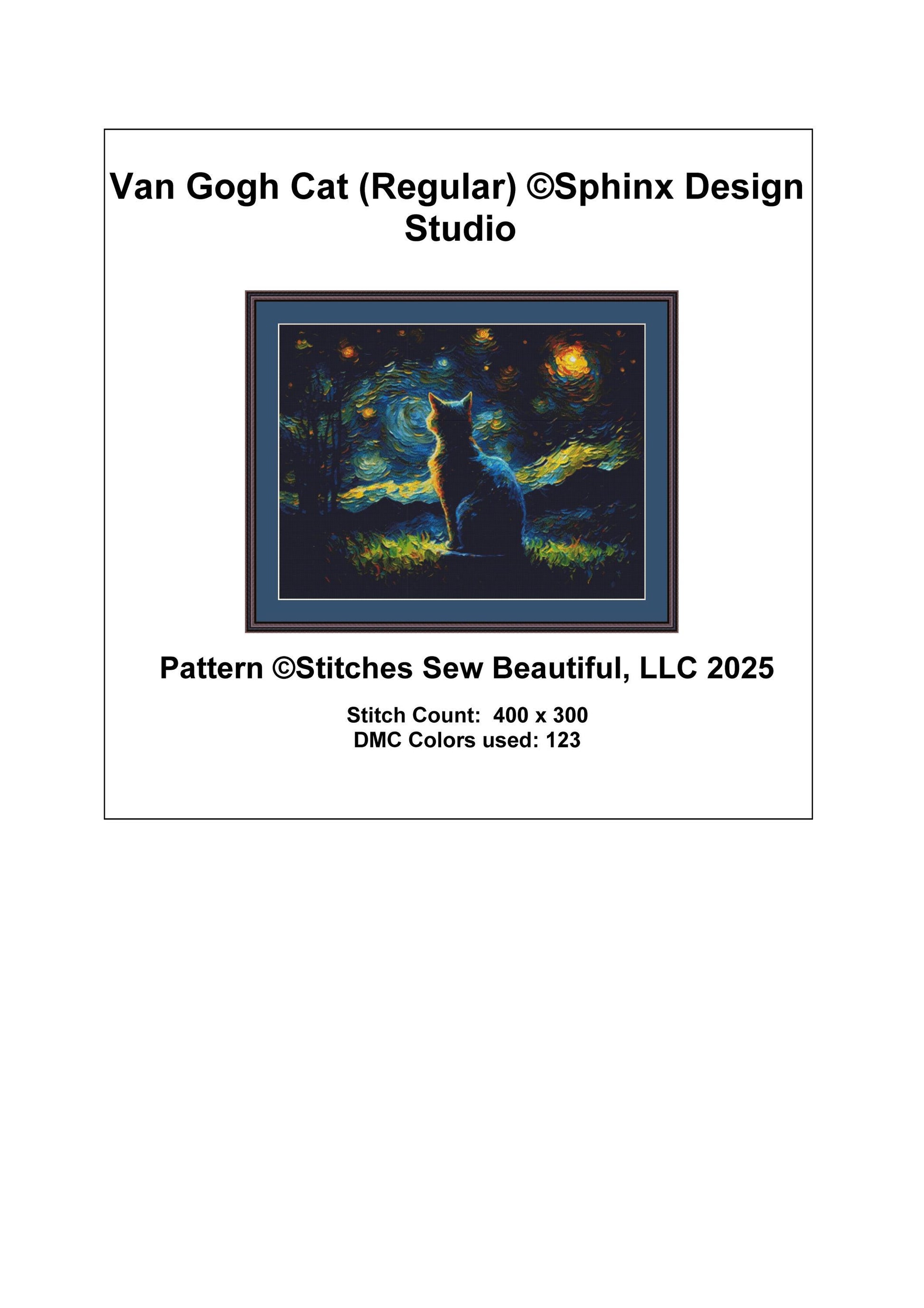 Van Gogh Cat (regular) counted cross stitch pattern by Sphinx Design Studio (Digital Format)