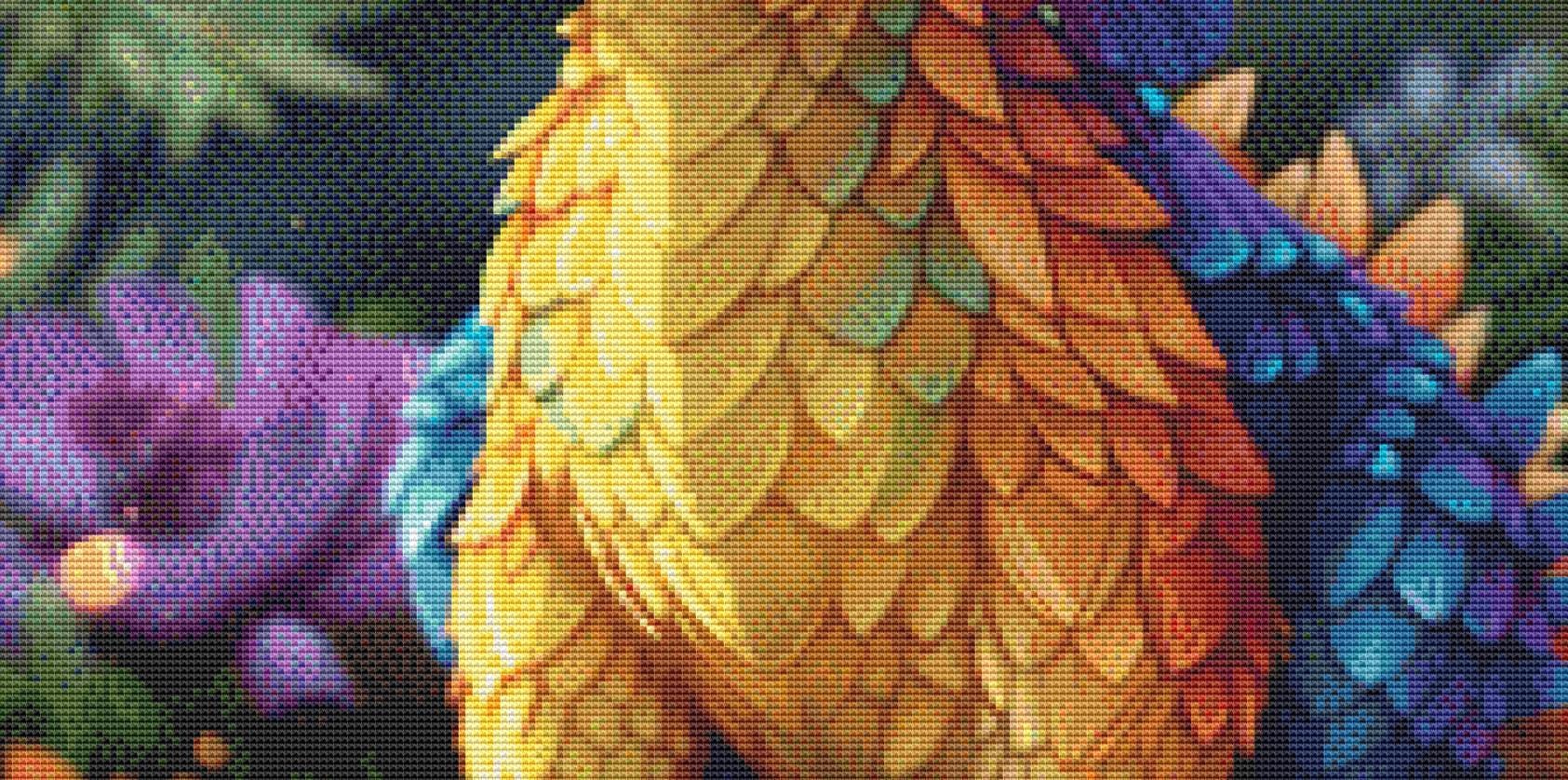 Rainbow Feathered Dragon counted cross stitch pattern by Serr.Kai A Quill & Ink