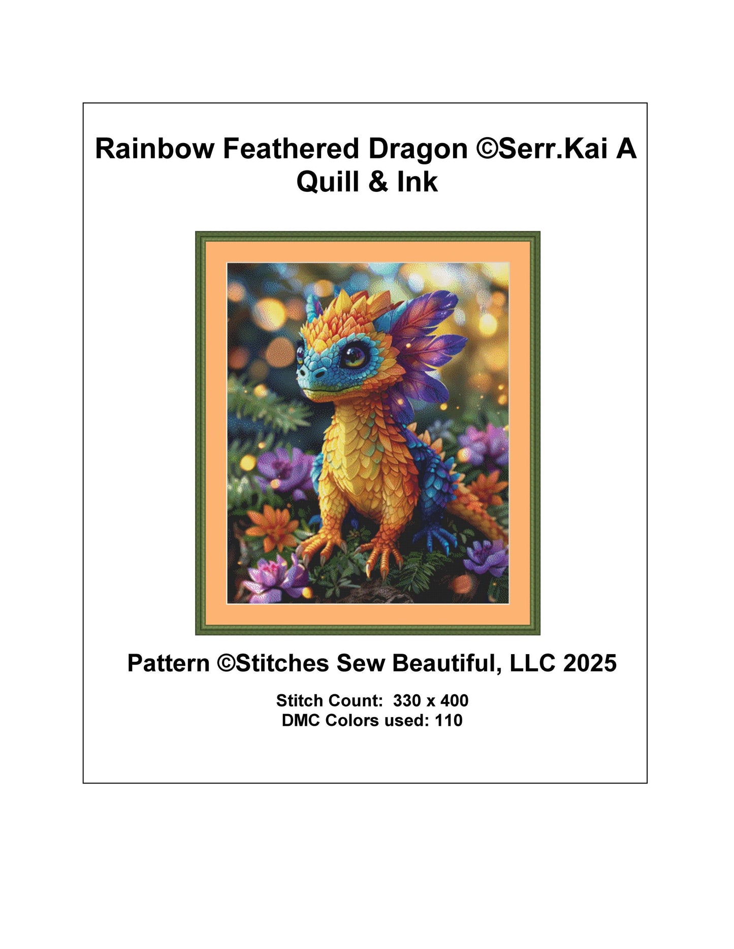 Rainbow Feathered Dragon counted cross stitch pattern by Serr.Kai A Quill & Ink