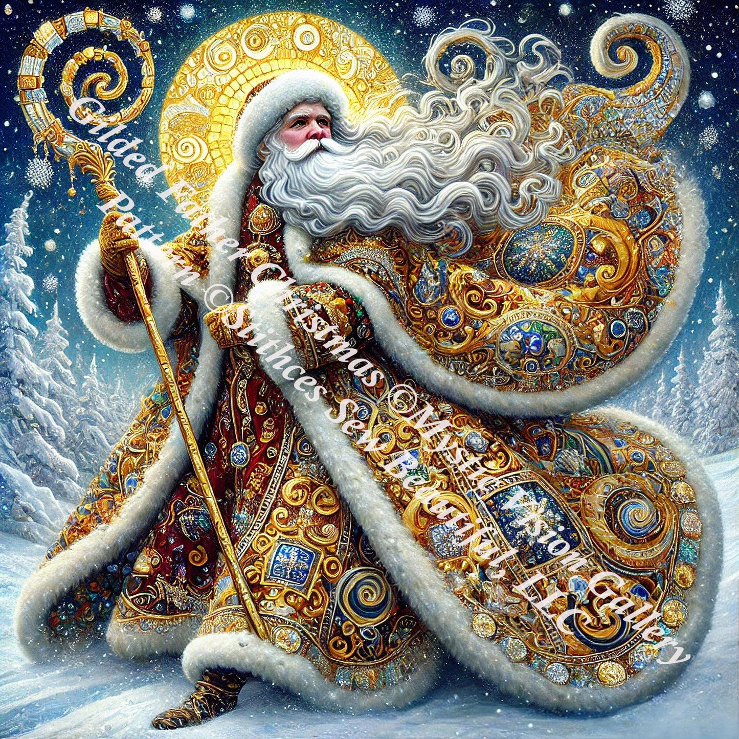 Gilded Father Christmas counted cross stitch pattern by Mystic Vision Gallery
