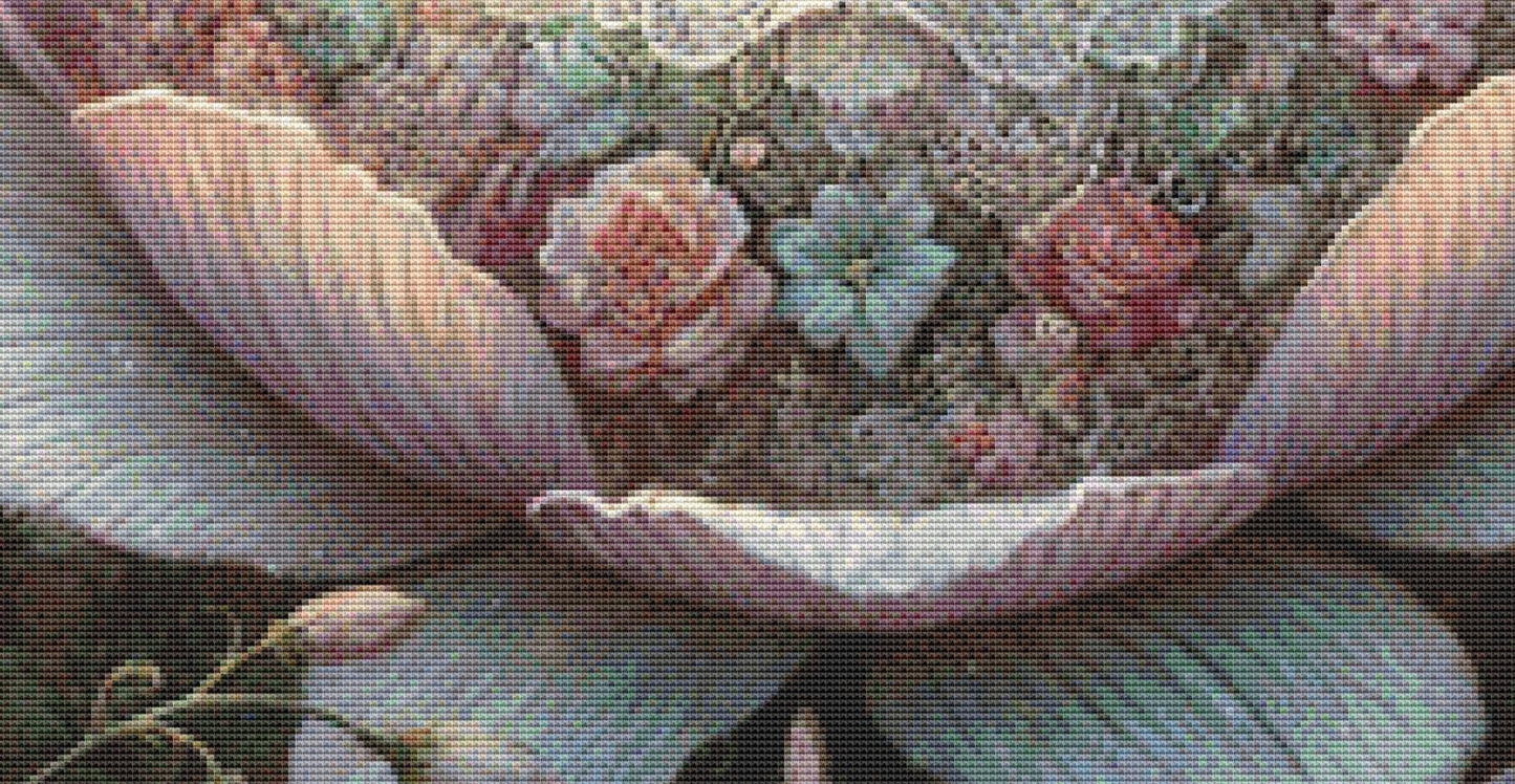 Thumbelina in Bloom counted cross stitch pattern by Mystic Vision Gallery
