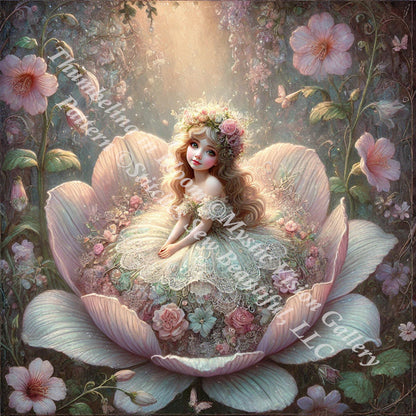 Thumbelina in Bloom counted cross stitch pattern by Mystic Vision Gallery