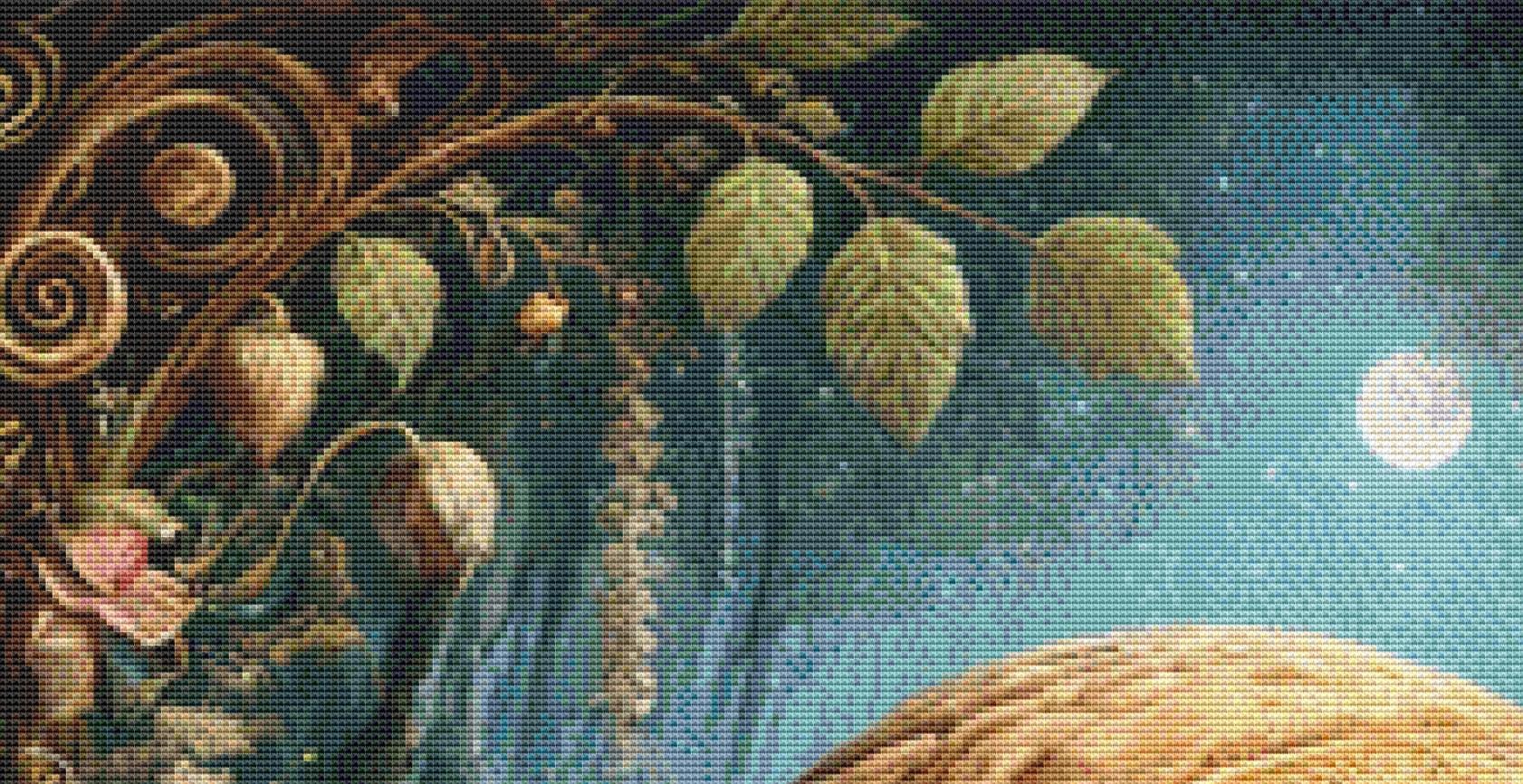 Thumbelina Asleep in a Walnut counted cross stitch pattern by Mystic Vision Gallery