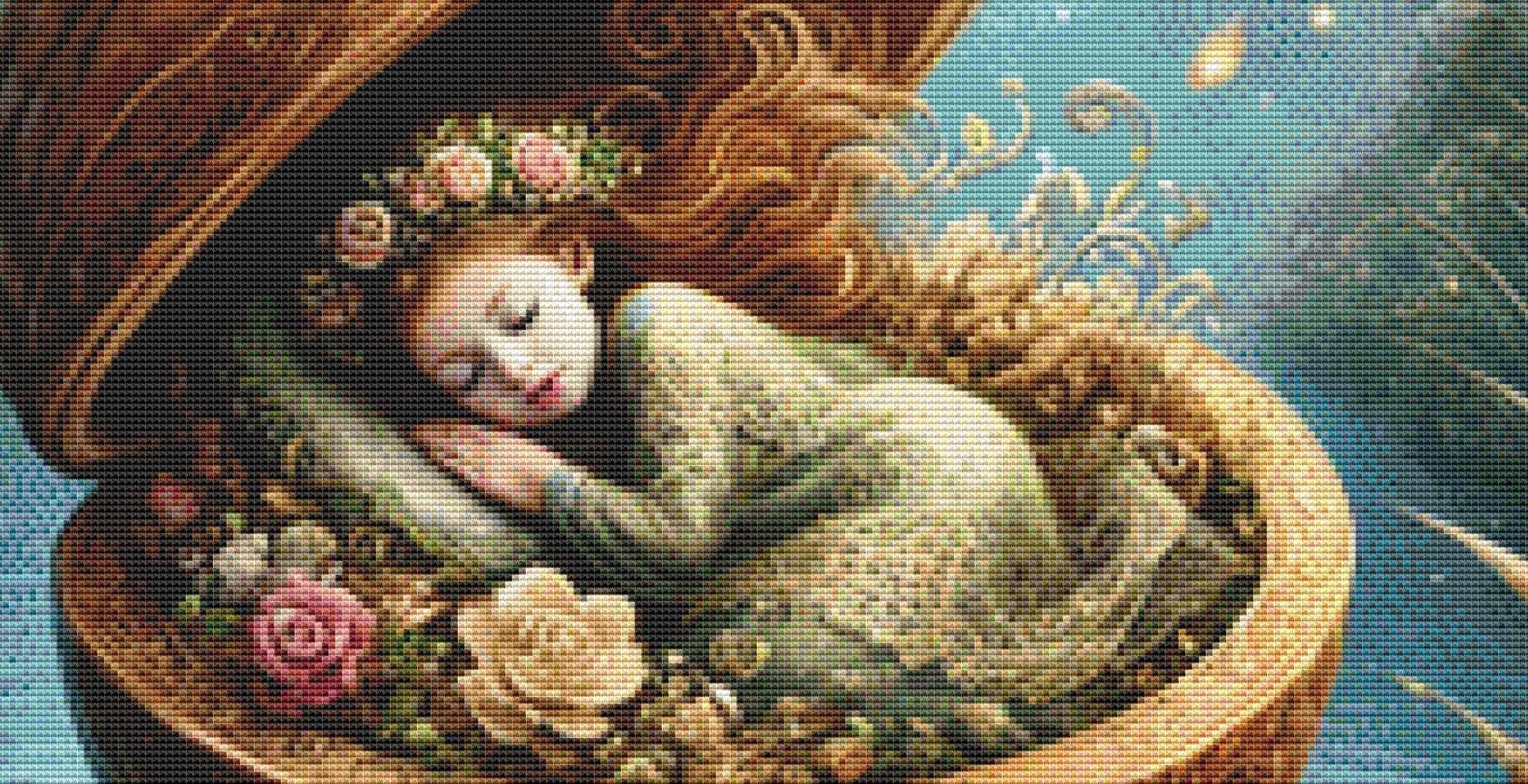 Thumbelina Asleep in a Walnut counted cross stitch pattern by Mystic Vision Gallery