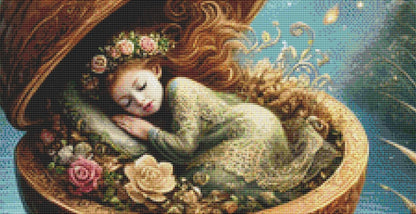 Thumbelina Asleep in a Walnut counted cross stitch pattern by Mystic Vision Gallery