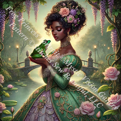 Frog Princess Portrait (Cropped Round) counted cross stitch pattern by Mystic Vision Gallery
