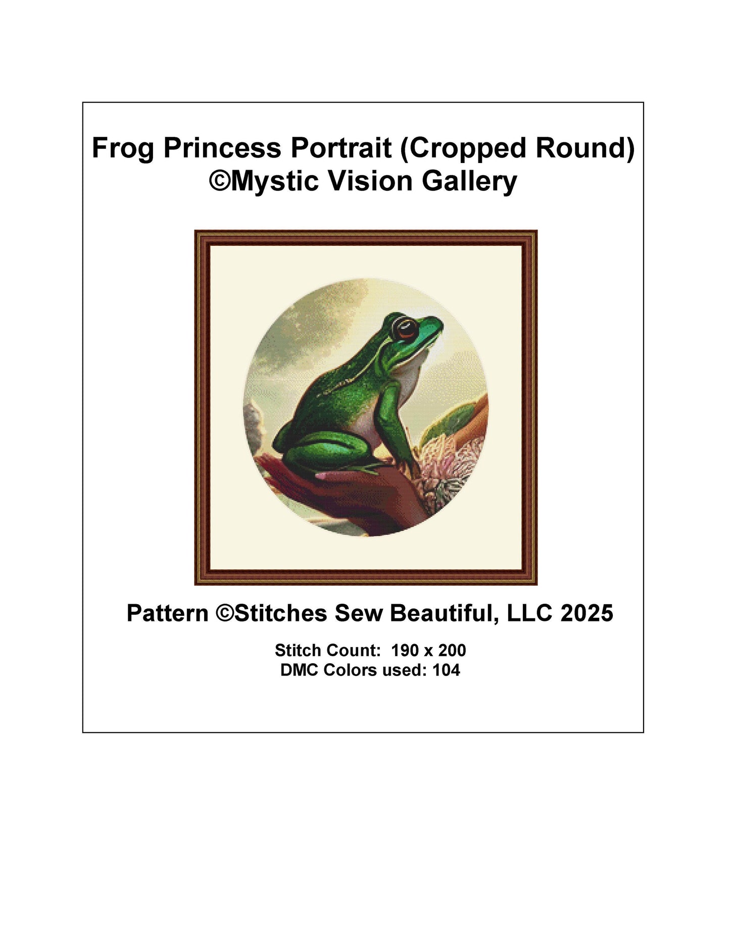 Frog Princess Portrait (Cropped Round) counted cross stitch pattern by Mystic Vision Gallery