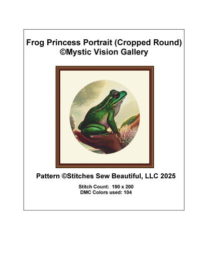 Frog Princess Portrait (Cropped Round) counted cross stitch pattern by Mystic Vision Gallery