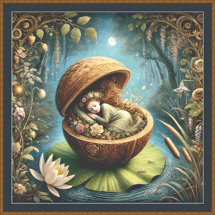 Thumbelina Asleep in a Walnut (Max Size/Color) counted cross stitch pattern by Mystic Vision Gallery