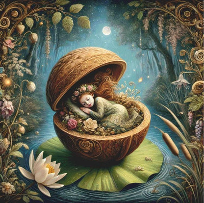 Thumbelina Asleep in a Walnut (Max Size/Color) counted cross stitch pattern by Mystic Vision Gallery
