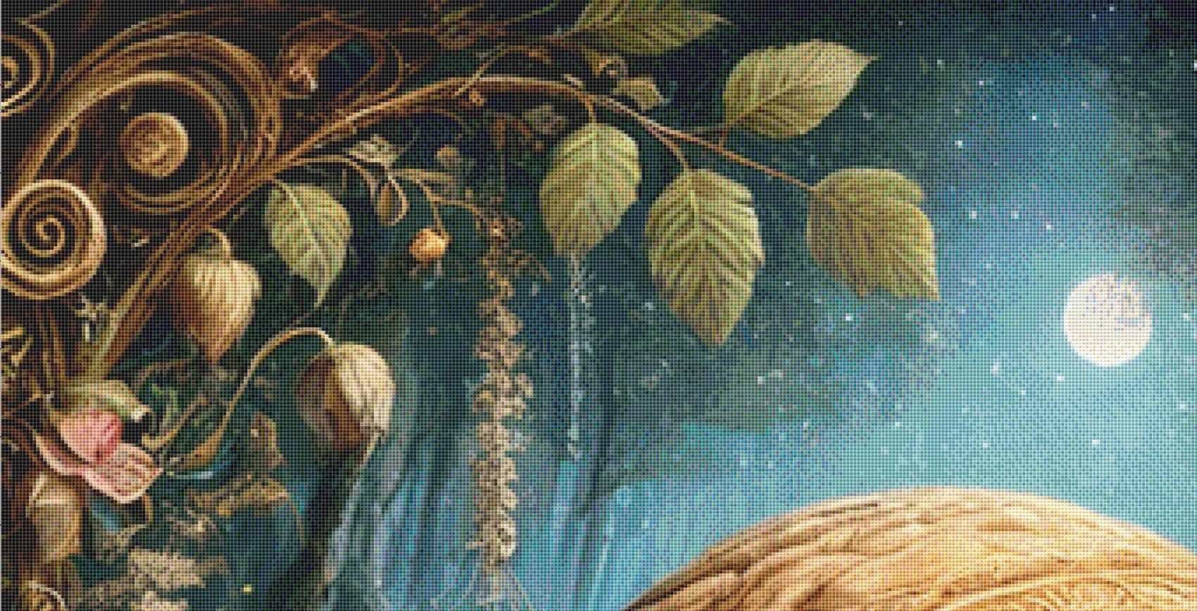 Thumbelina Asleep in a Walnut (Max Size/Color) counted cross stitch pattern by Mystic Vision Gallery