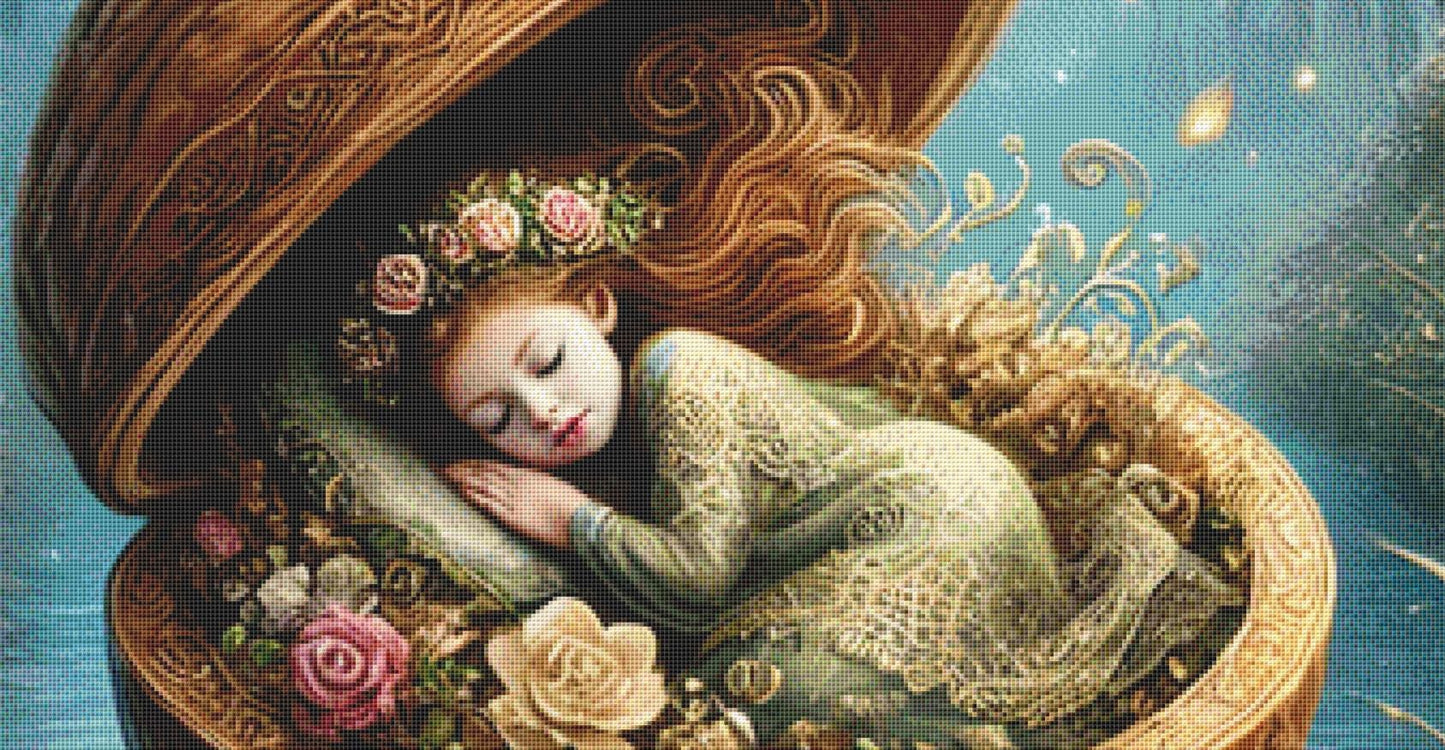 Thumbelina Asleep in a Walnut (Max Size/Color) counted cross stitch pattern by Mystic Vision Gallery
