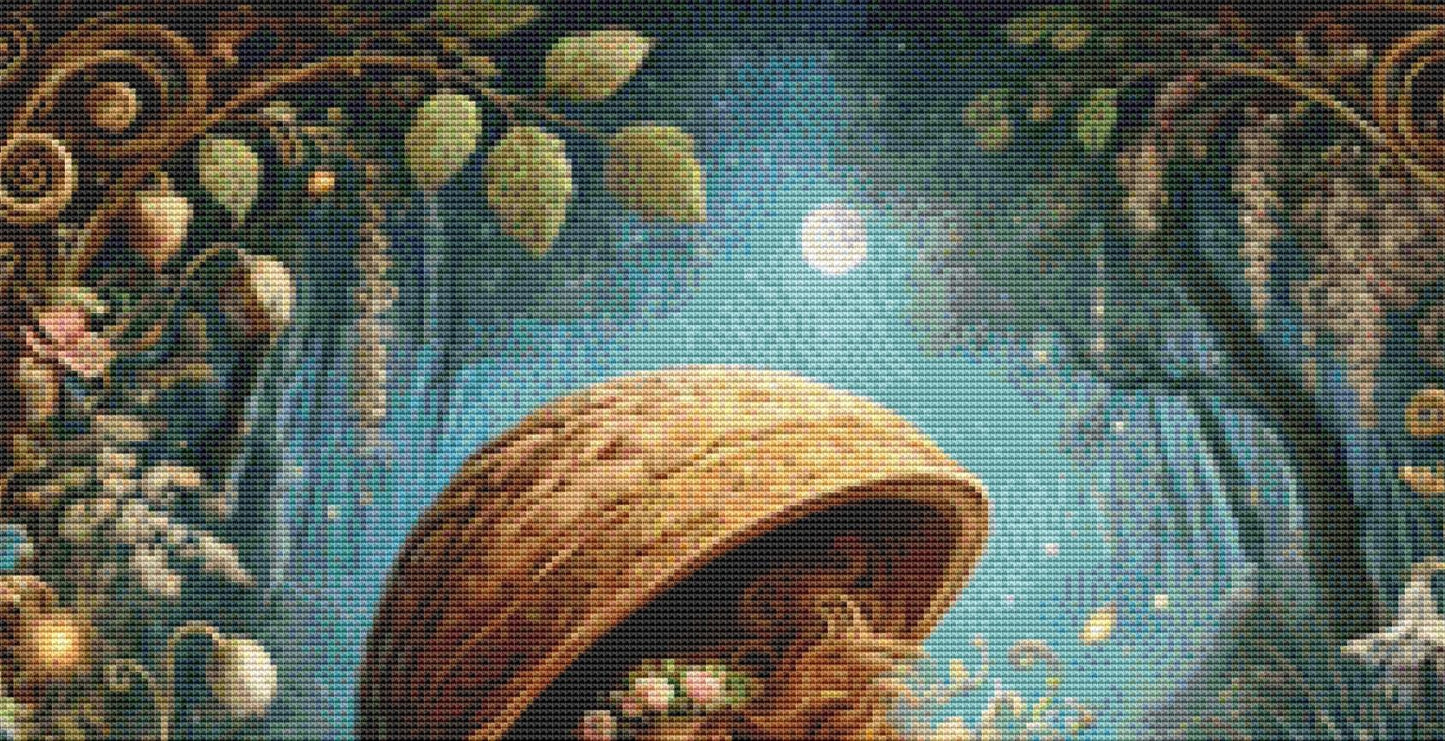 Thumbelina Asleep in a Walnut (Small) counted cross stitch pattern by Mystic Vision Gallery
