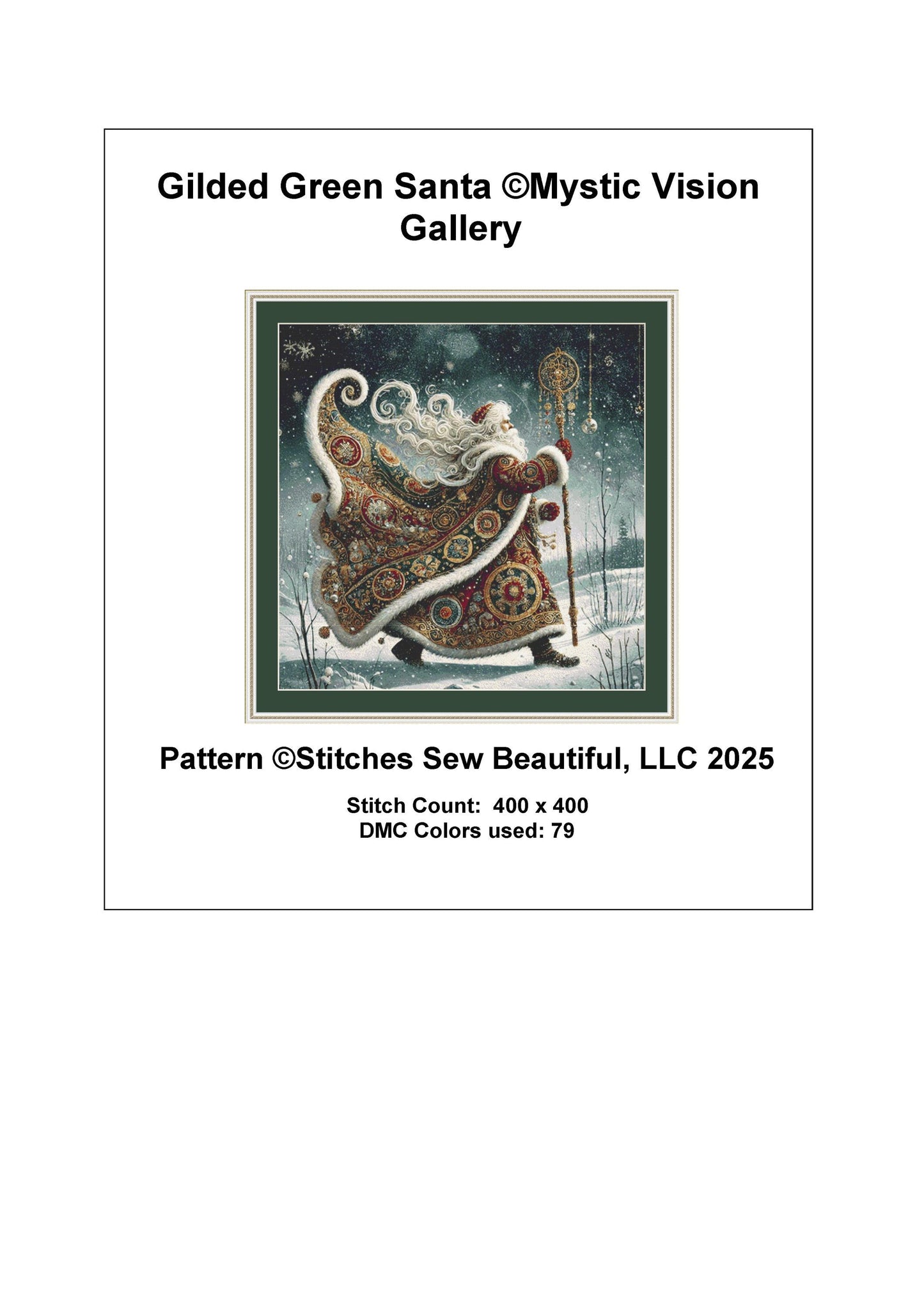 Gilded Green Santa counted cross stitch pattern by Mystic Vision Gallery