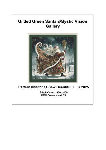 Gilded Green Santa counted cross stitch pattern by Mystic Vision Gallery