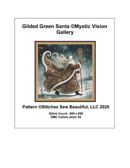 Gilded Green Santa (Max Size/Color) counted cross stitch pattern by Mystic Vision Gallery