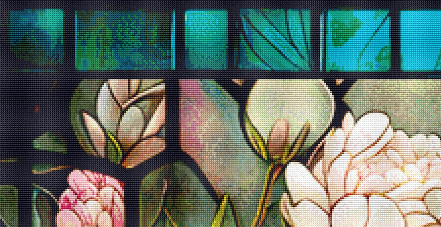 Stained Glass Peonies and Bee counted cross stitch pattern by Ivy Cottage Home
