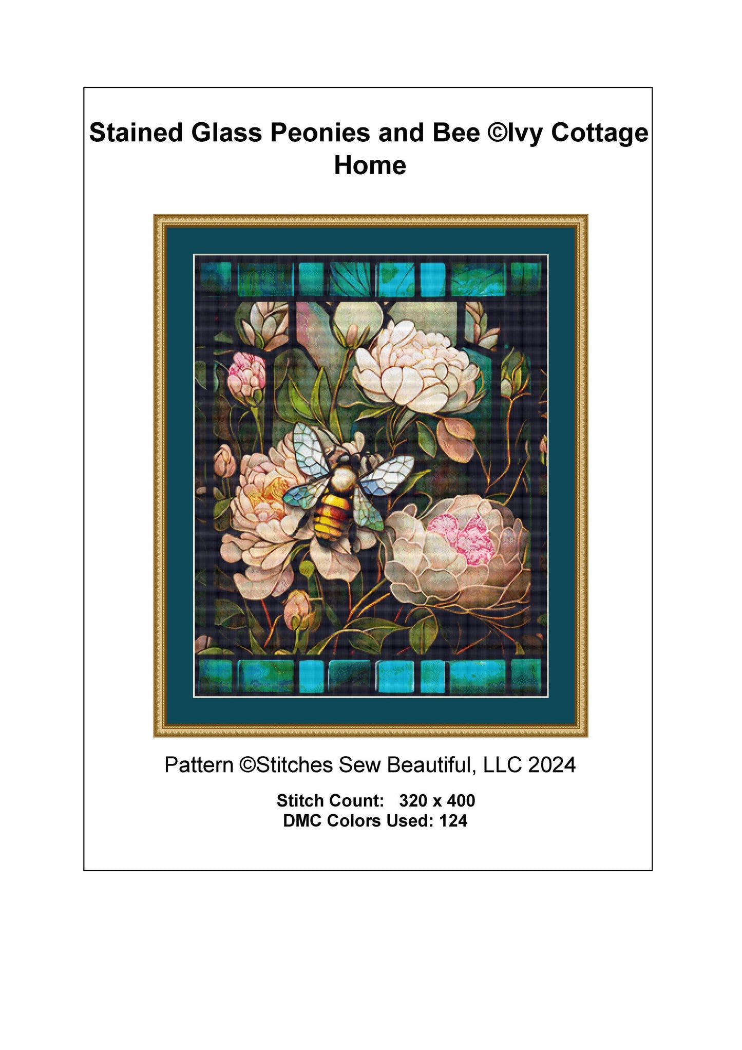Stained Glass Peonies and Bee counted cross stitch pattern by Ivy Cottage Home