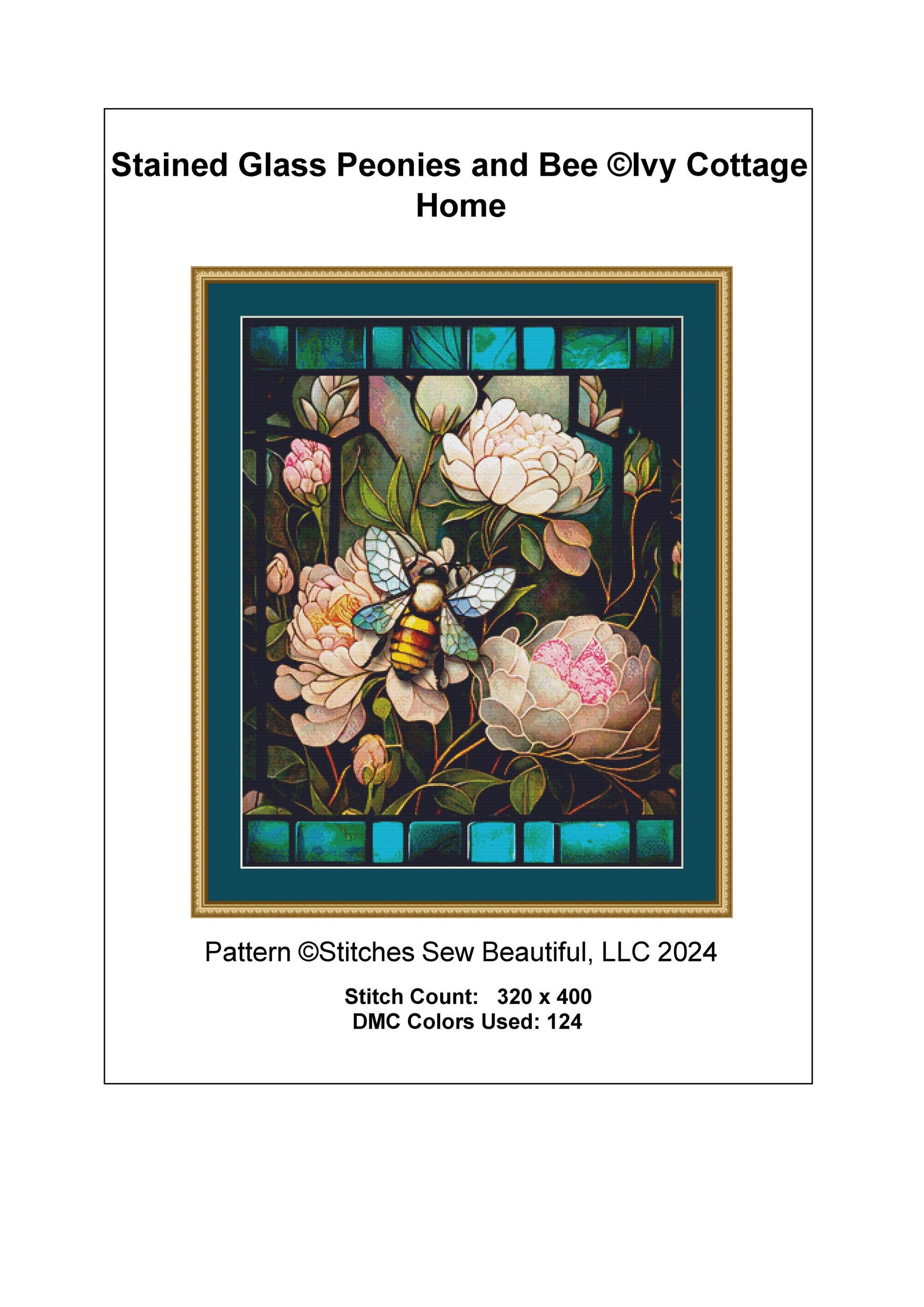 Stained Glass Peonies and Bee counted cross stitch pattern by Ivy Cottage Home