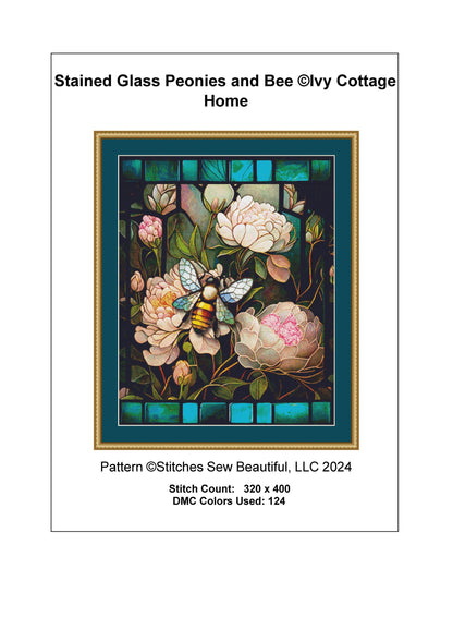 Stained Glass Peonies and Bee counted cross stitch pattern by Ivy Cottage Home