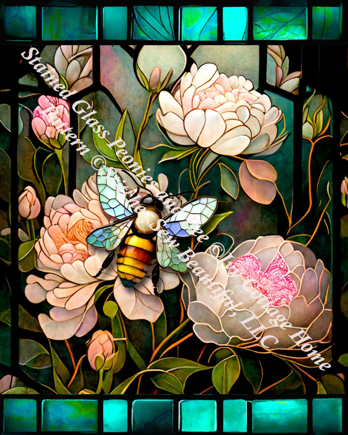 Stained Glass Peonies and Bee counted cross stitch pattern by Ivy Cottage Home