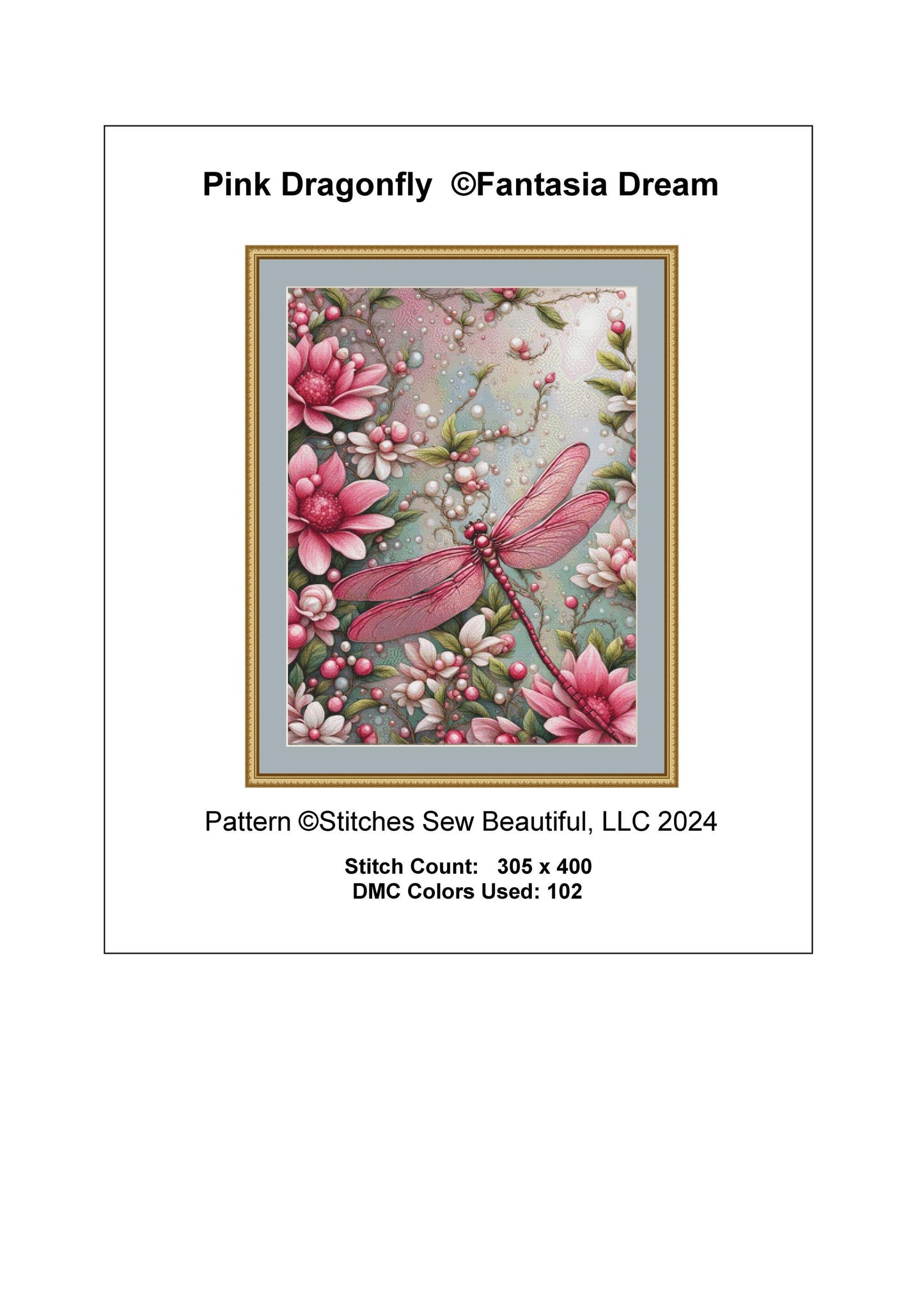 Pink Dragonfly counted cross stitch pattern by Fantasia Dream