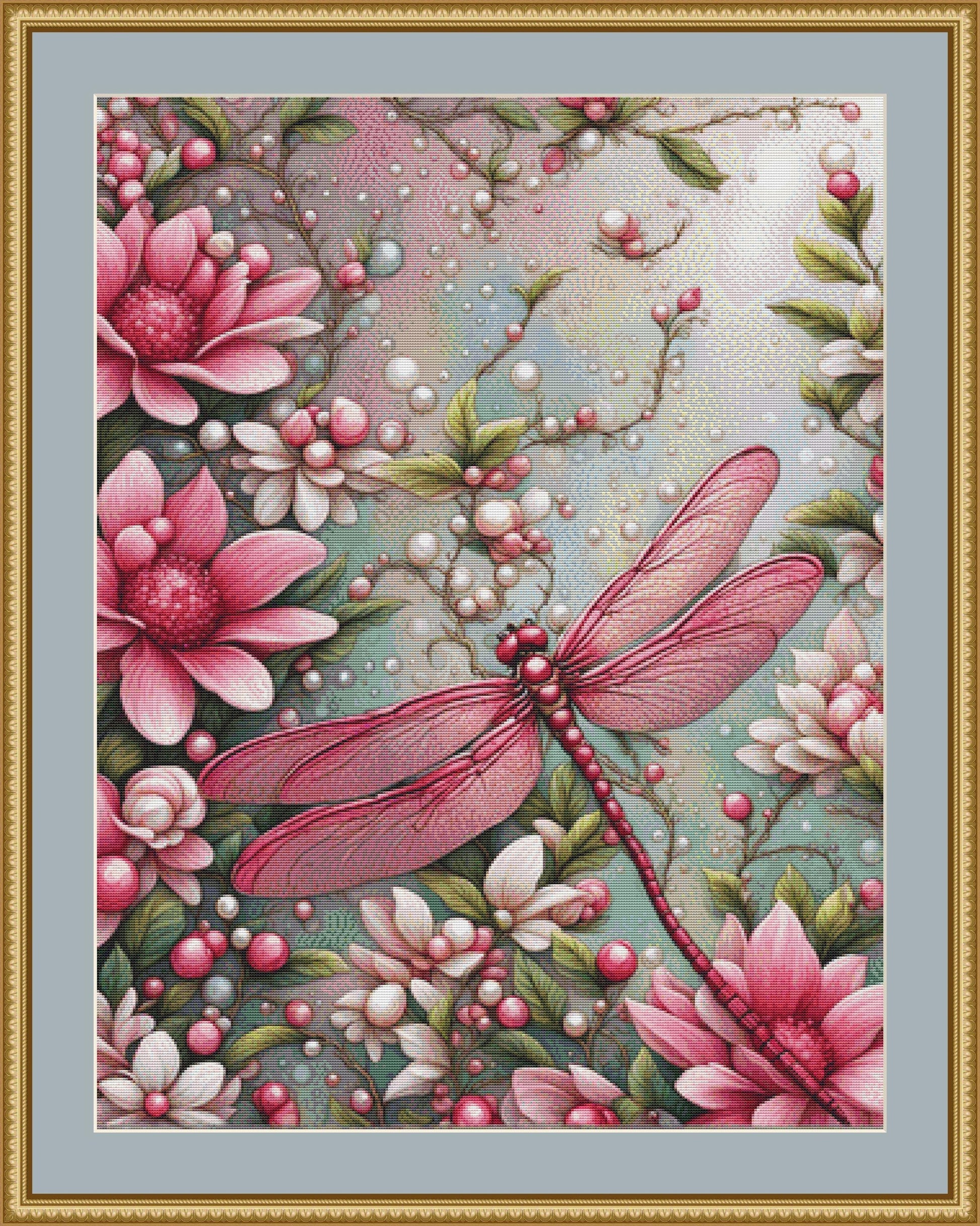 Pink Dragonfly counted cross stitch pattern by Fantasia Dream
